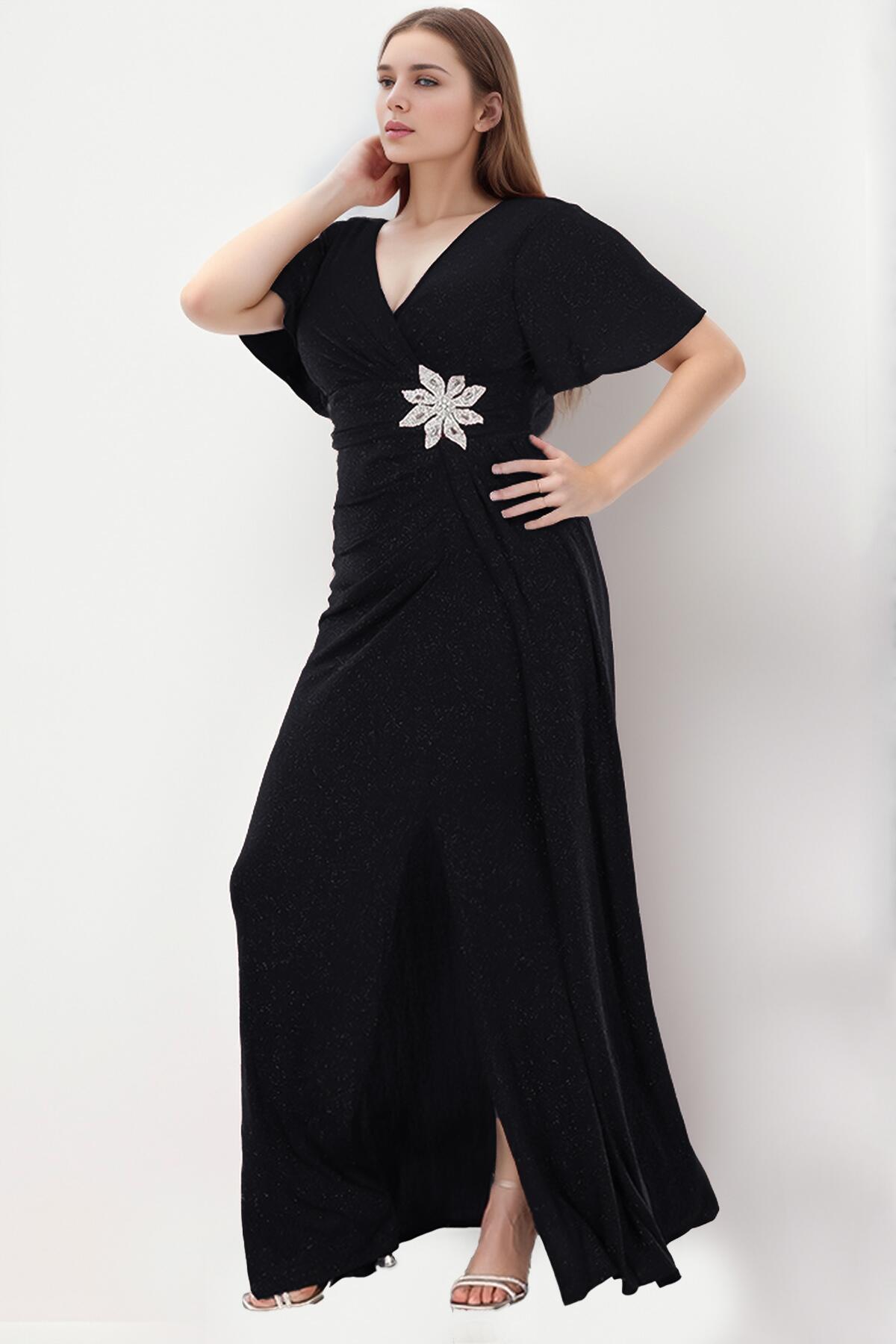 Plus - Size V - Neck Sparkle Maxi Dress — Black