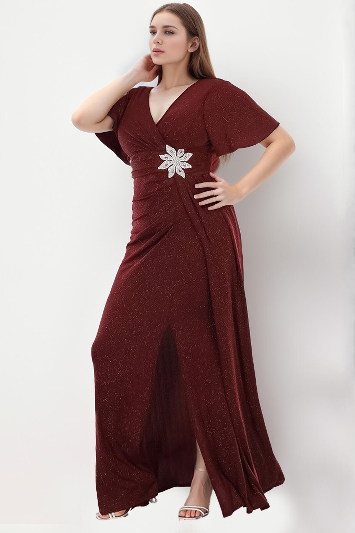 Grote maten V-hals Maxi Jurk met Glitters — Bordeauxrood
