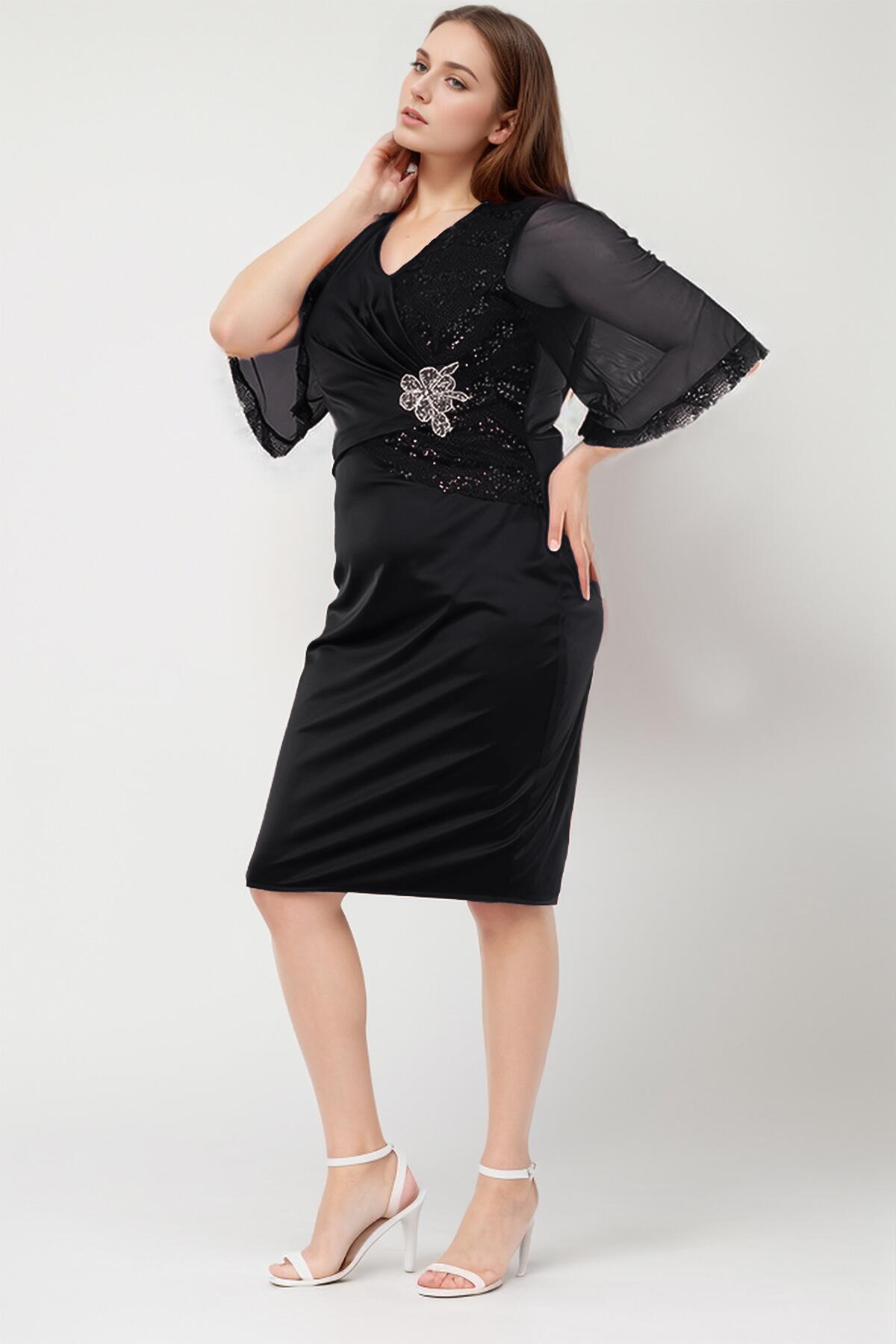 Plus - Size Short Evening Dress With Sequin And Stone Embellishment — Black