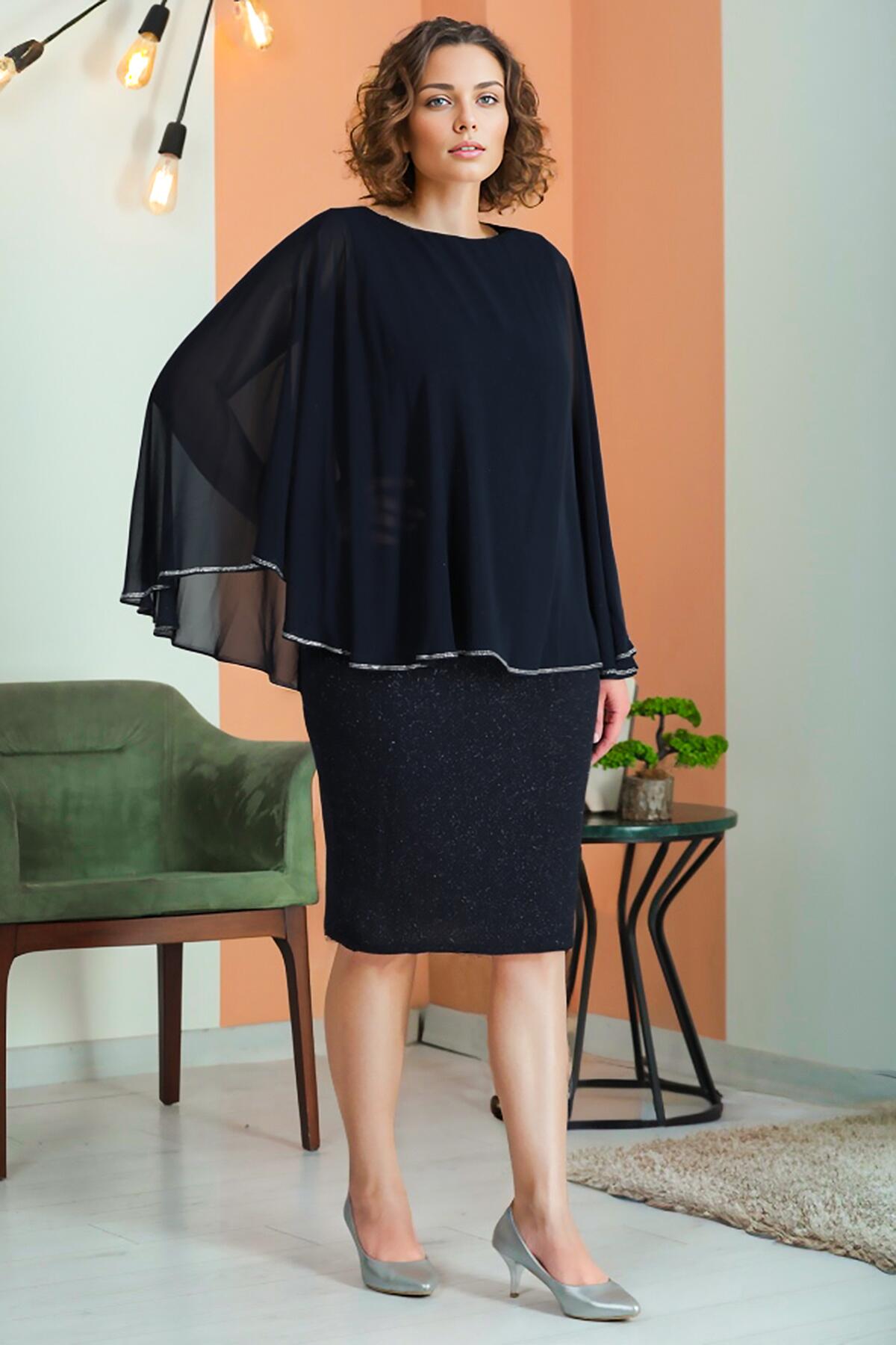 Grote maten korte chiffon glinsterjurk, marineblauw