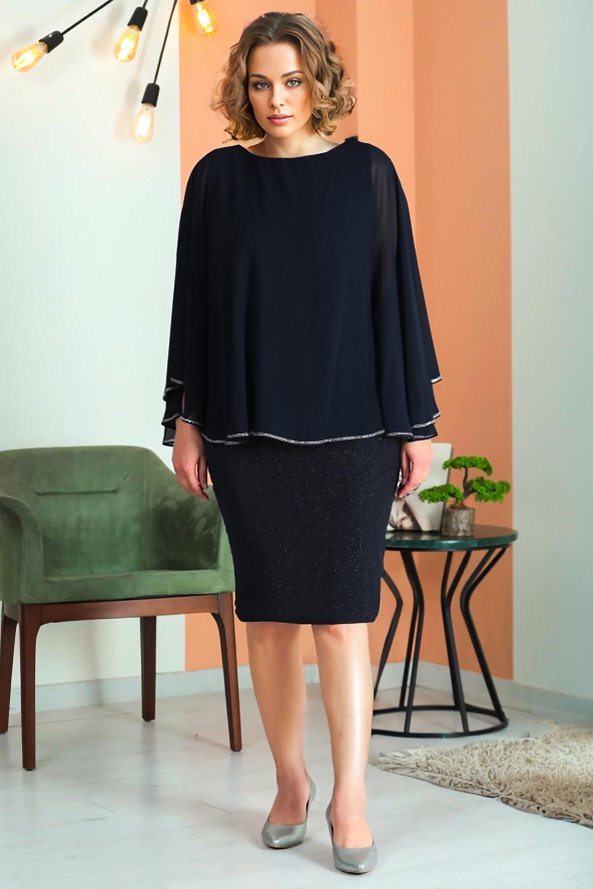 Grote maten korte chiffon glinsterjurk, marineblauw