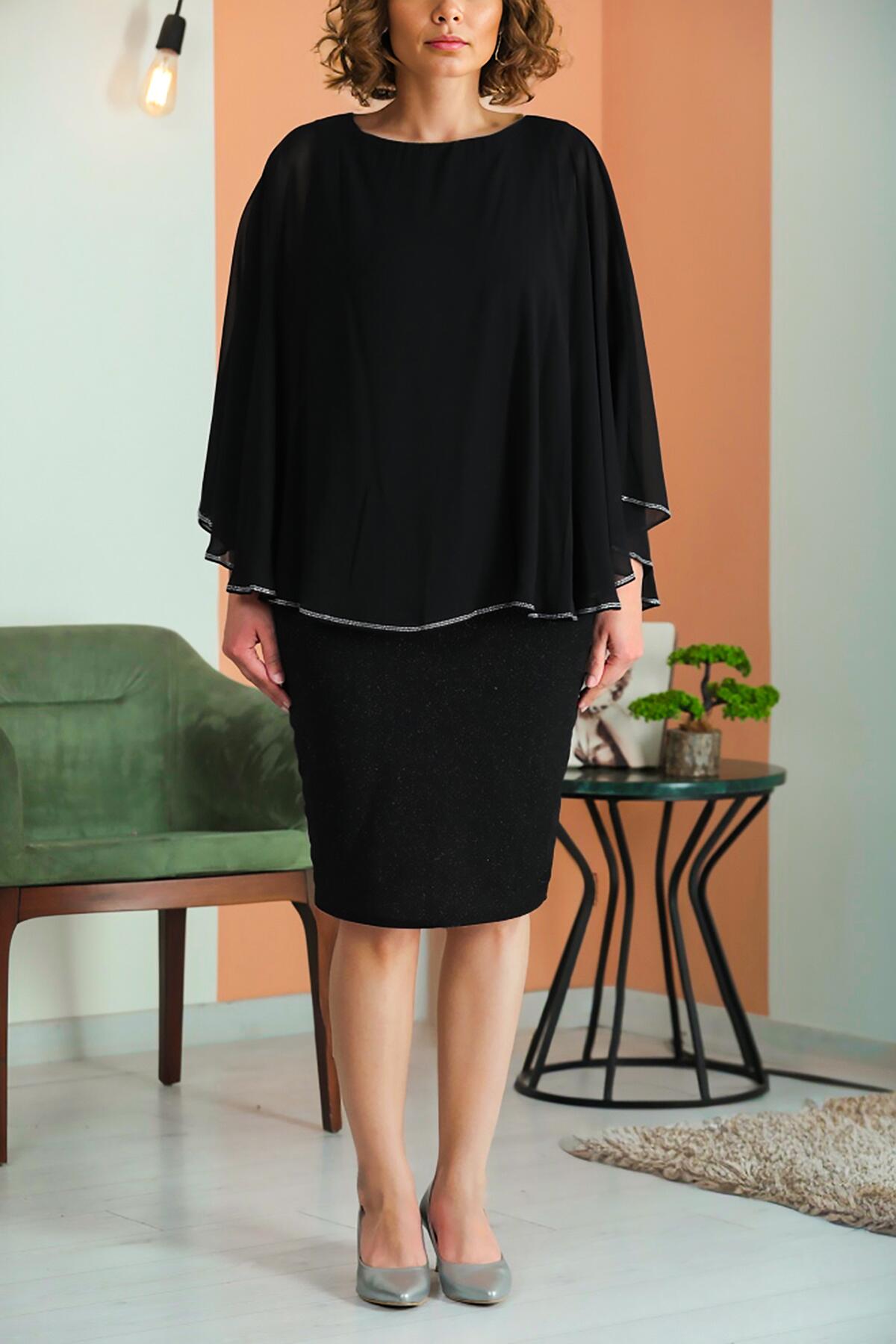 Plus - Size Chiffon Short Dress With Sparkle — Black