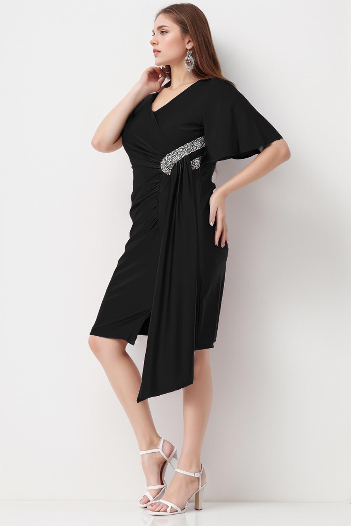 Plus - Size Satin Short Dress With Stone Detail — Black