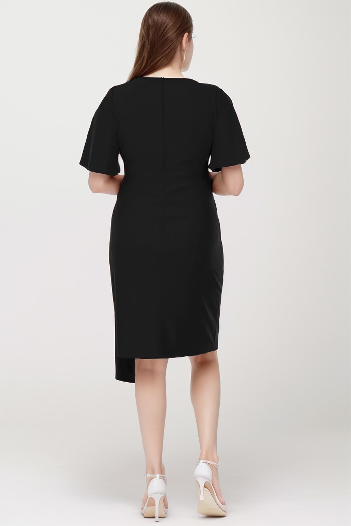 Plus - Size Satin Short Dress With Stone Detail — Black