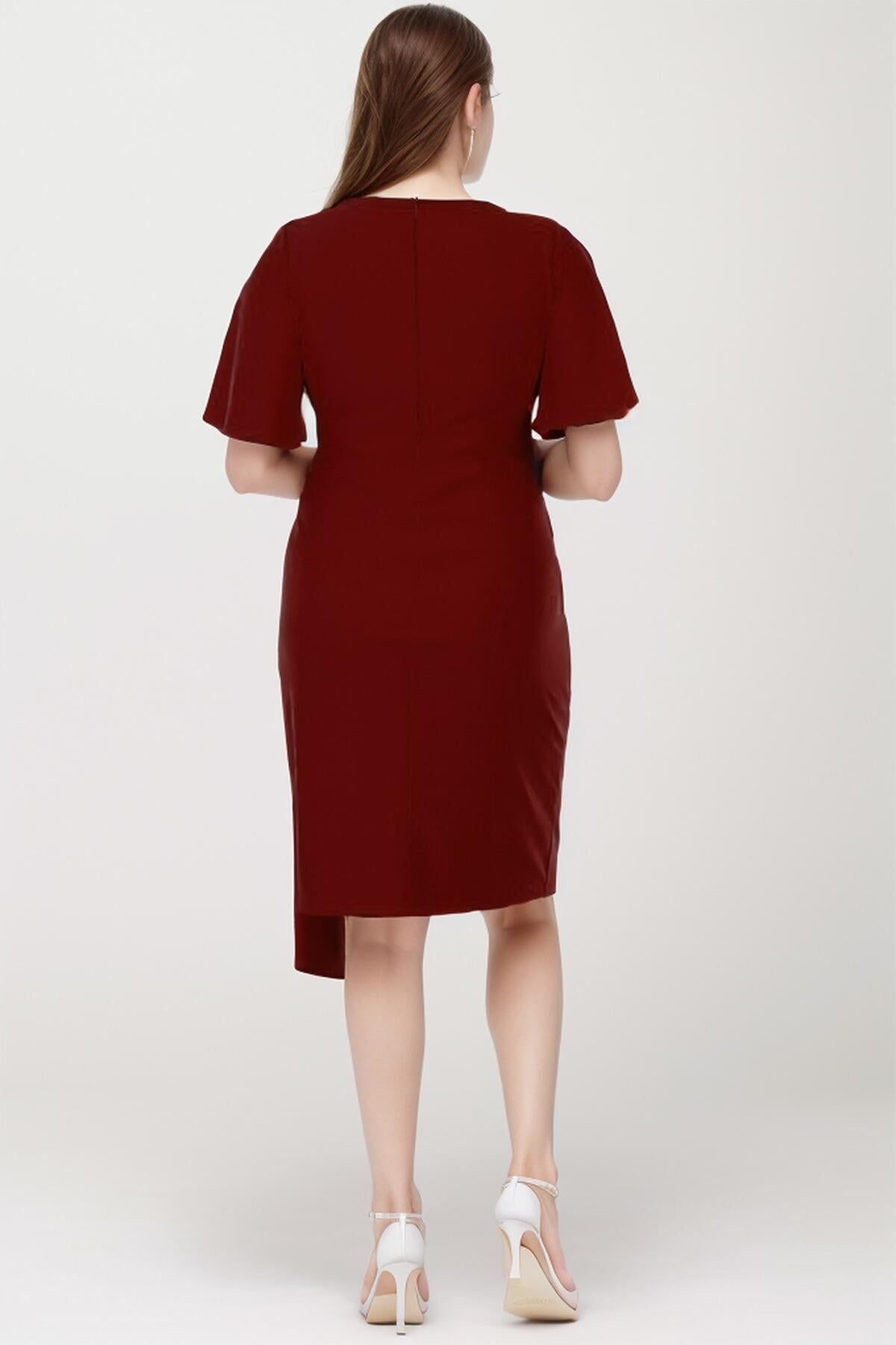 Plus - Size Satin Short Dress With Stone Detail — Burgundy