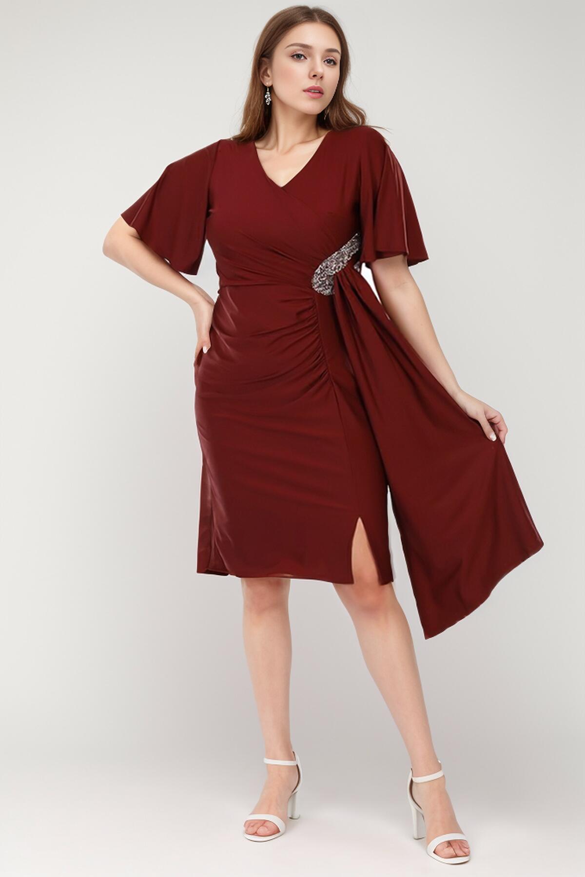 Plus - Size Satin Short Dress With Stone Detail — Burgundy