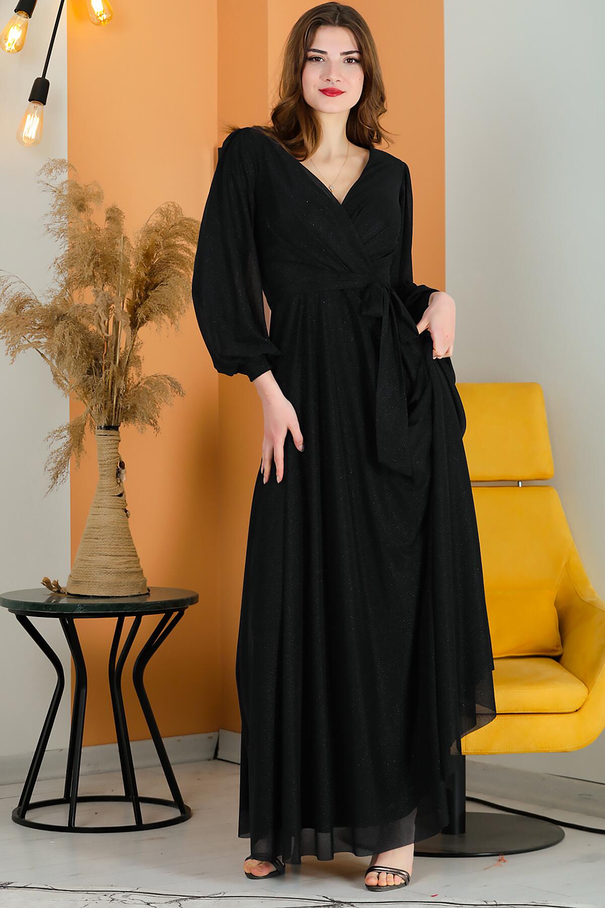 Glitter V - Neck Belted Evening Dress — Black