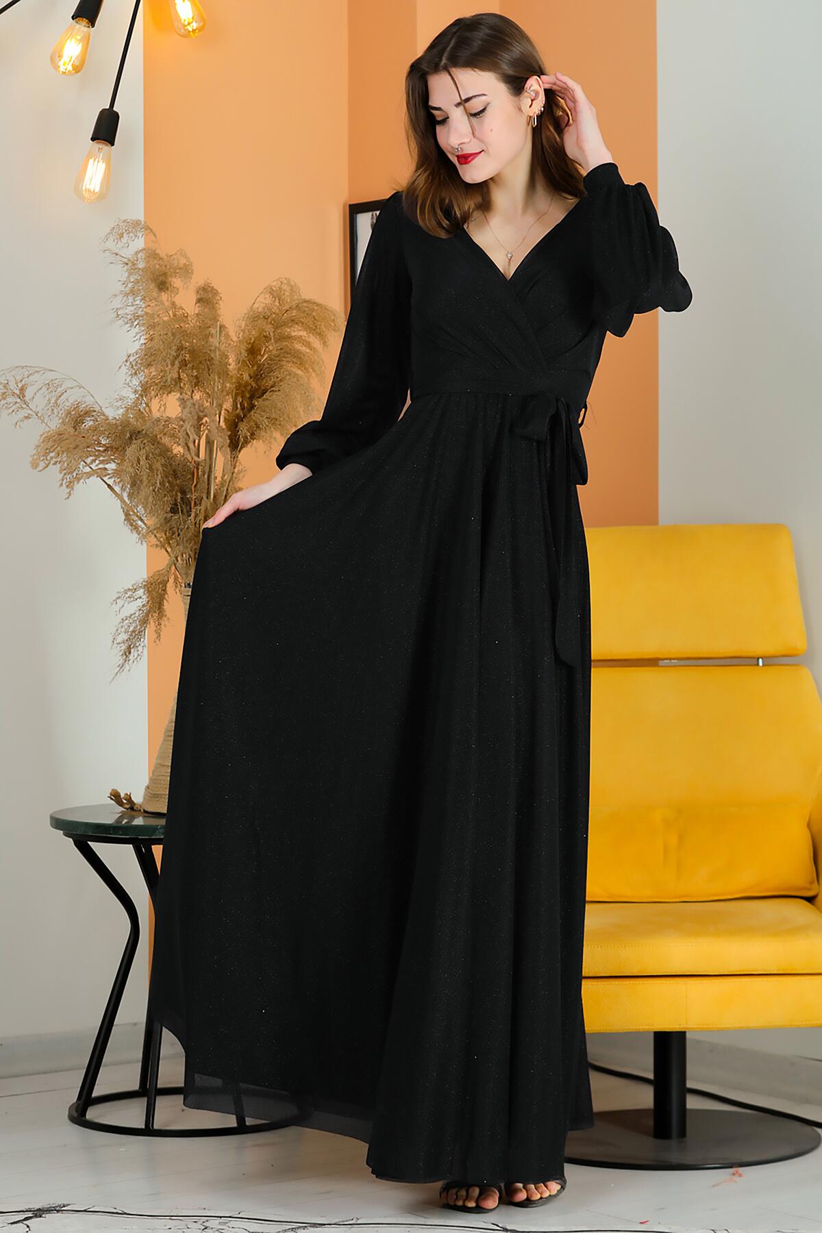 Glitter V - Neck Belted Evening Dress — Black