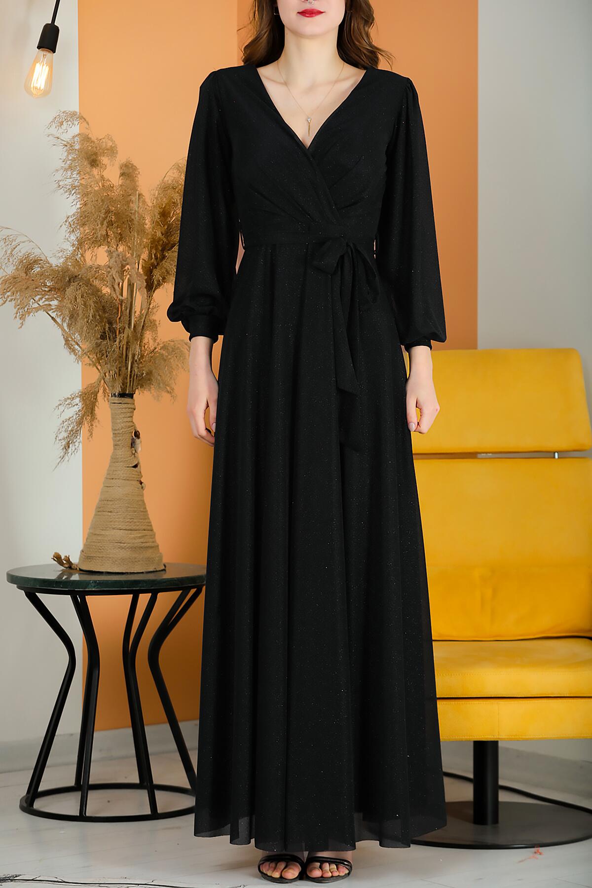 Glitter V - Neck Belted Evening Dress — Black