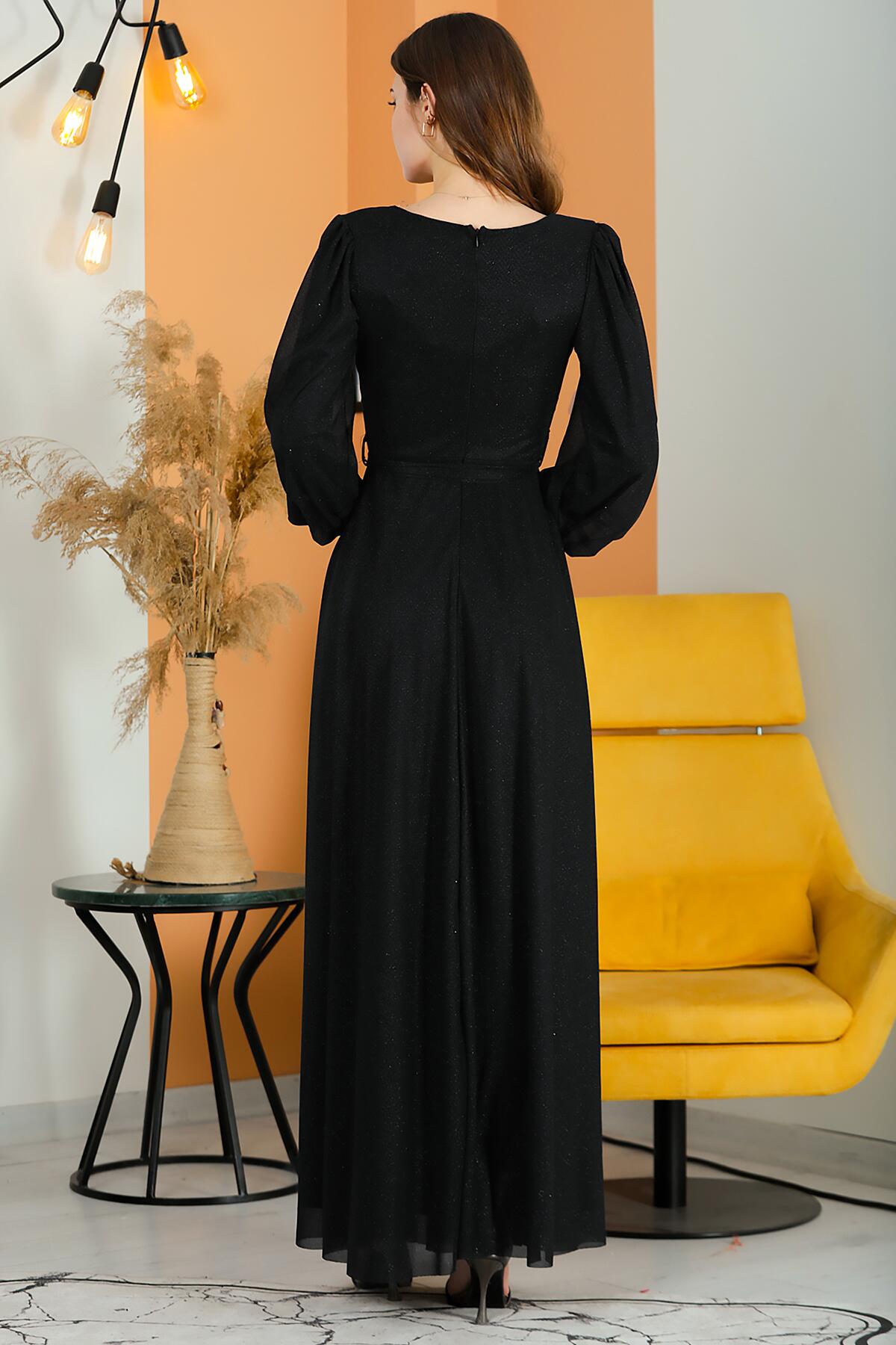 Glitter V - Neck Belted Evening Dress — Black