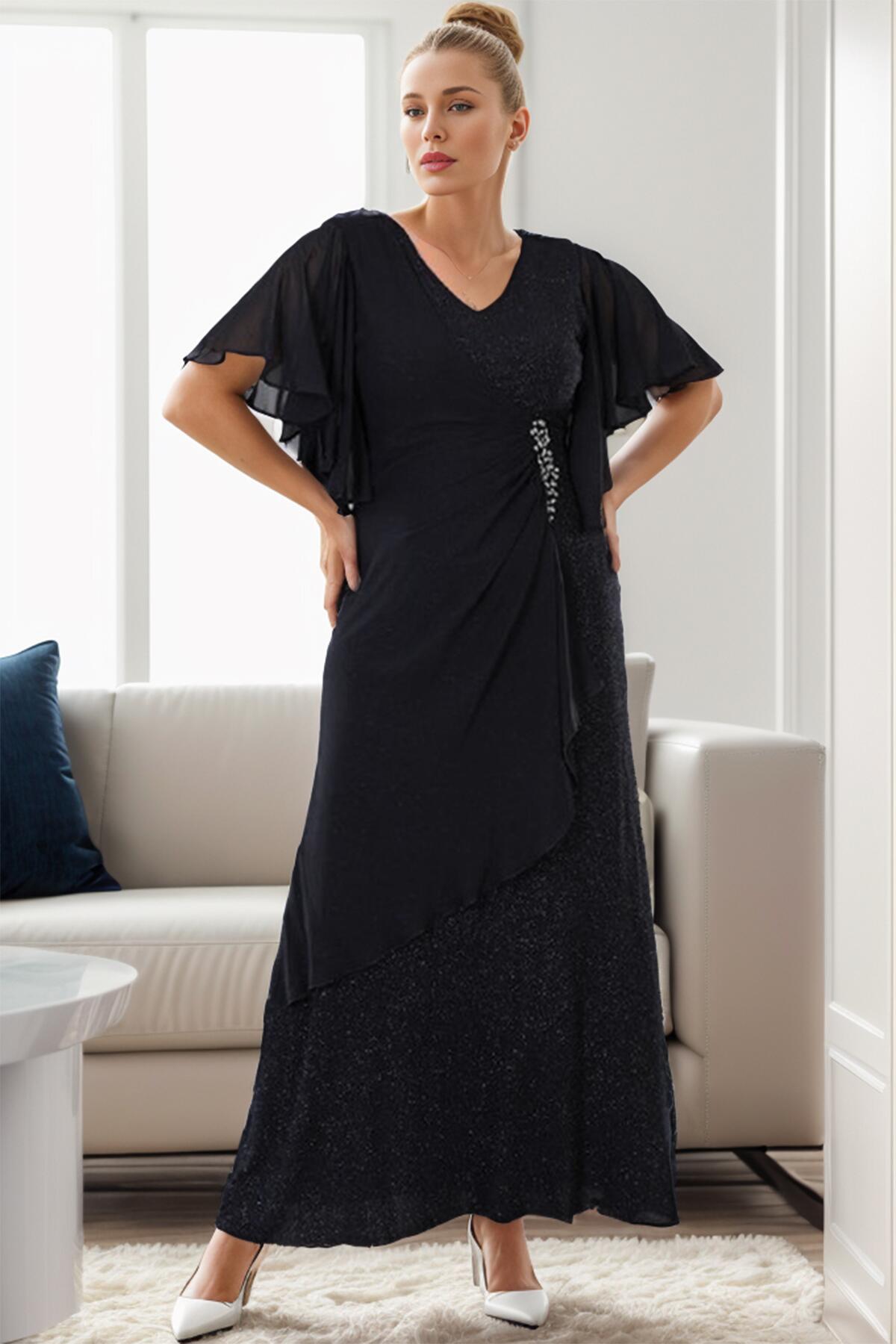Plus - Size Glitter Evening Dress - Black