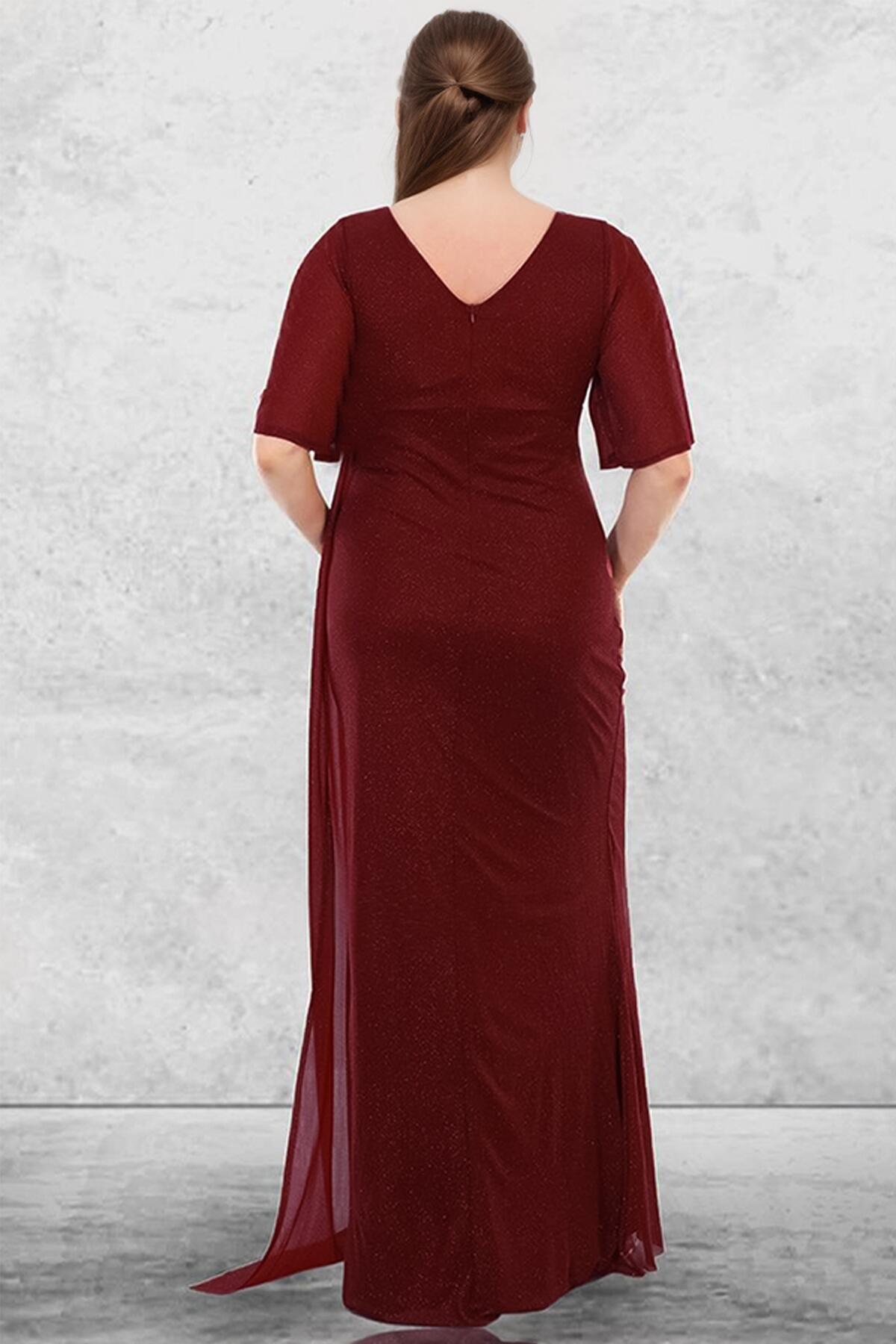 Plus - Size Sparkling Long Evening Gown — Burgundy