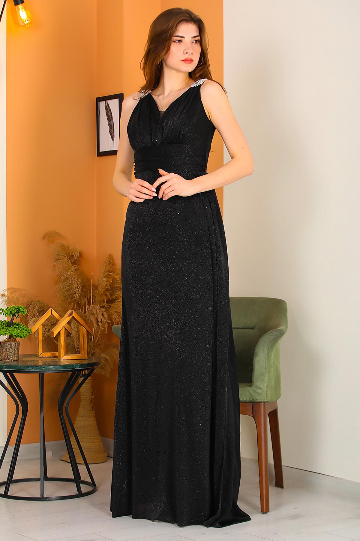 Langes Pailletten-Abendkleid mit Schulterdetail – Schwarz