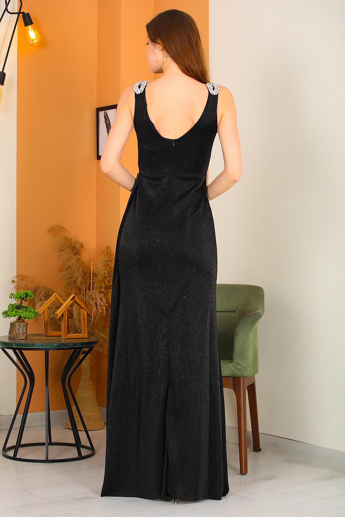 Langes Pailletten-Abendkleid mit Schulterdetail – Schwarz