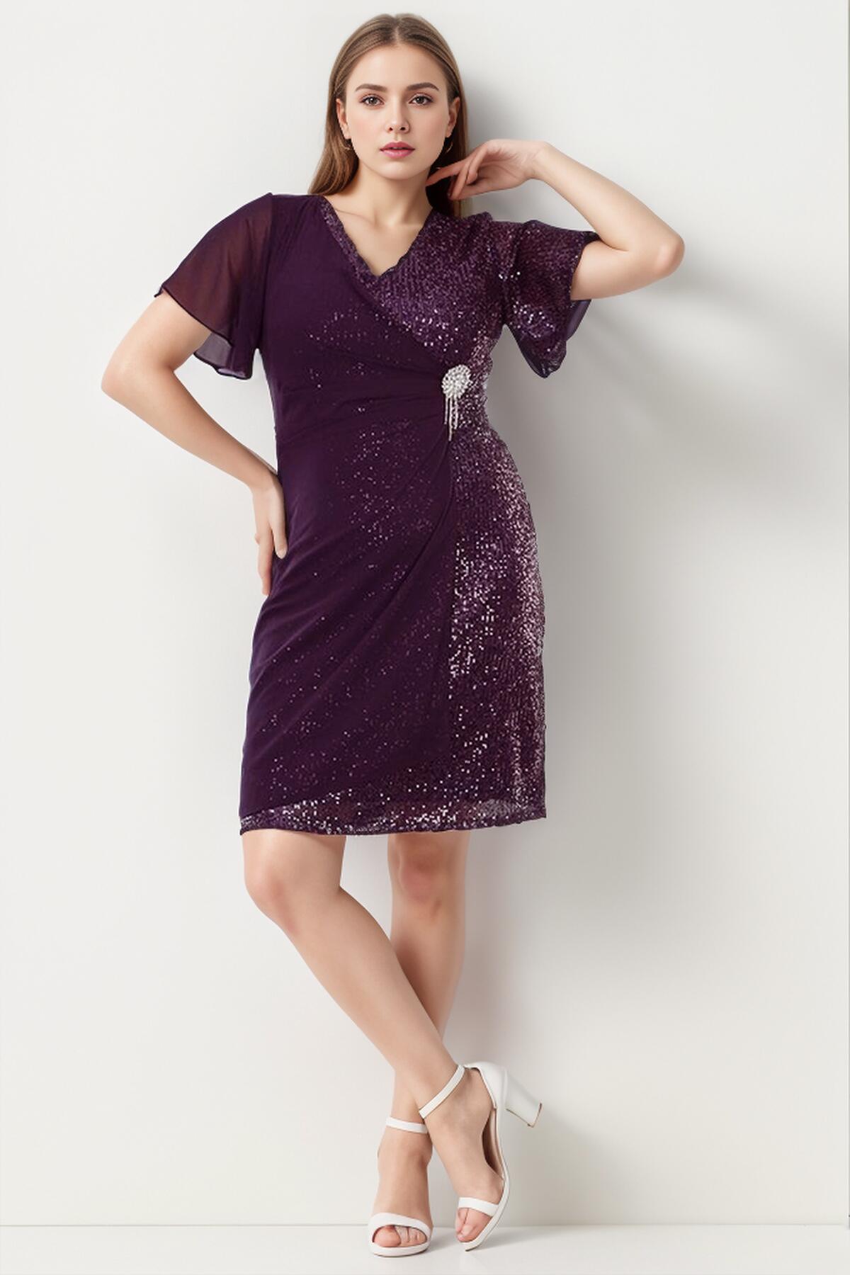 Plus - Size Midi Evening Dress With Waist Brooch — Dark Purple