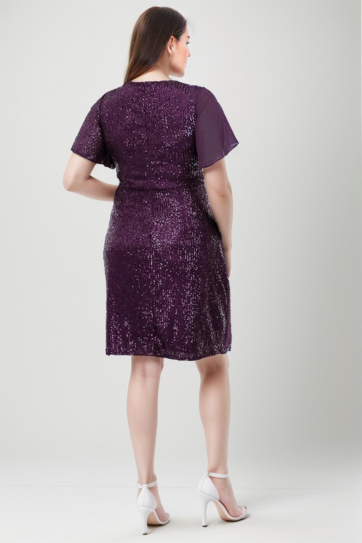 Plus - Size Midi Evening Dress With Waist Brooch — Dark Purple