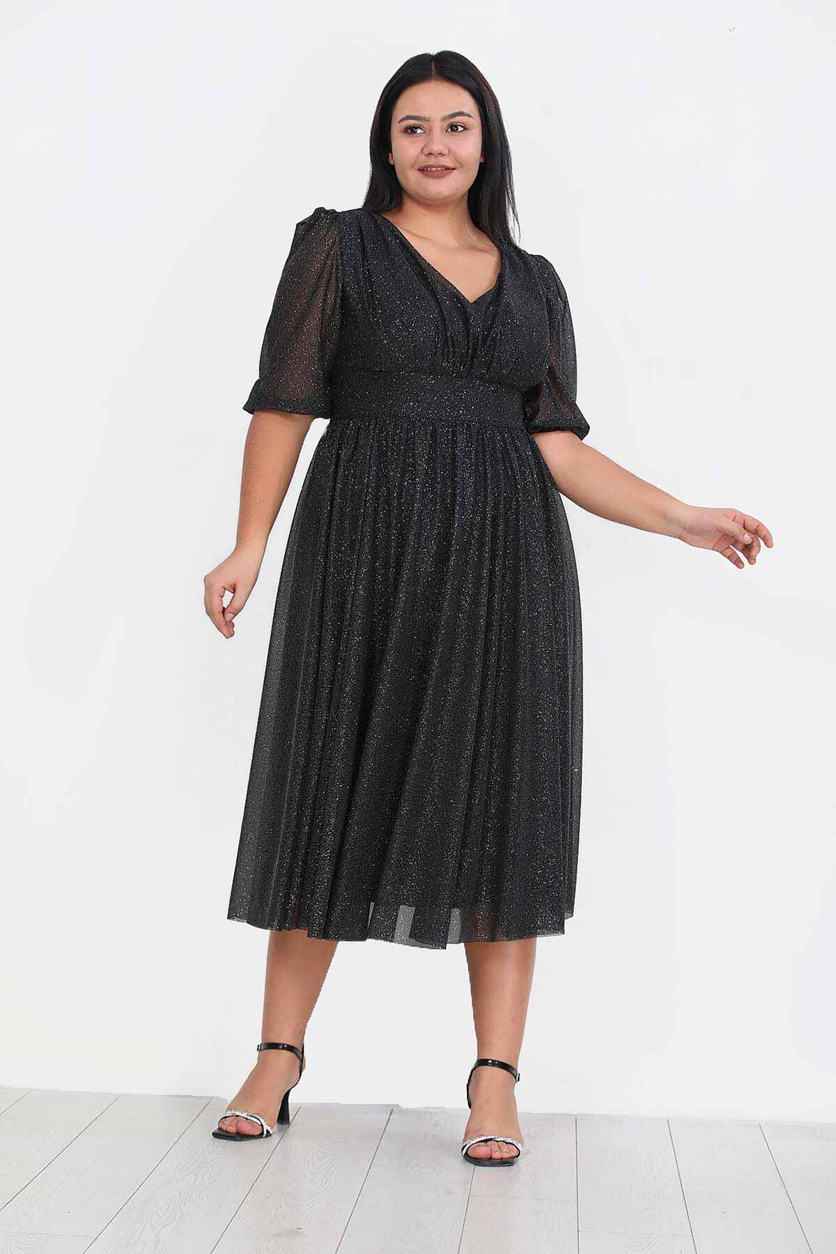 Große Größen Abendkleid mit Falten an der Taille, Schwarz