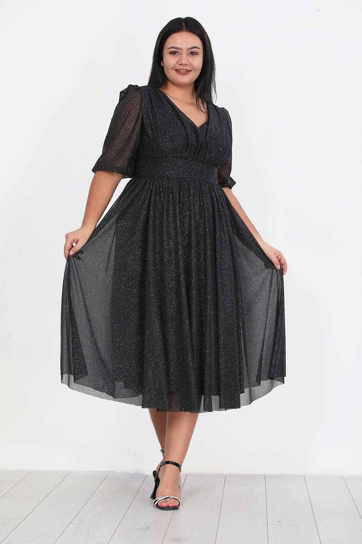 Große Größen Abendkleid mit Falten an der Taille, Schwarz