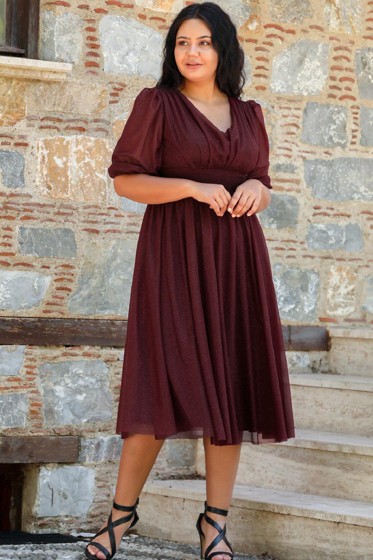 Plus - Size Pleated Waist Evening Dress, Burgundy