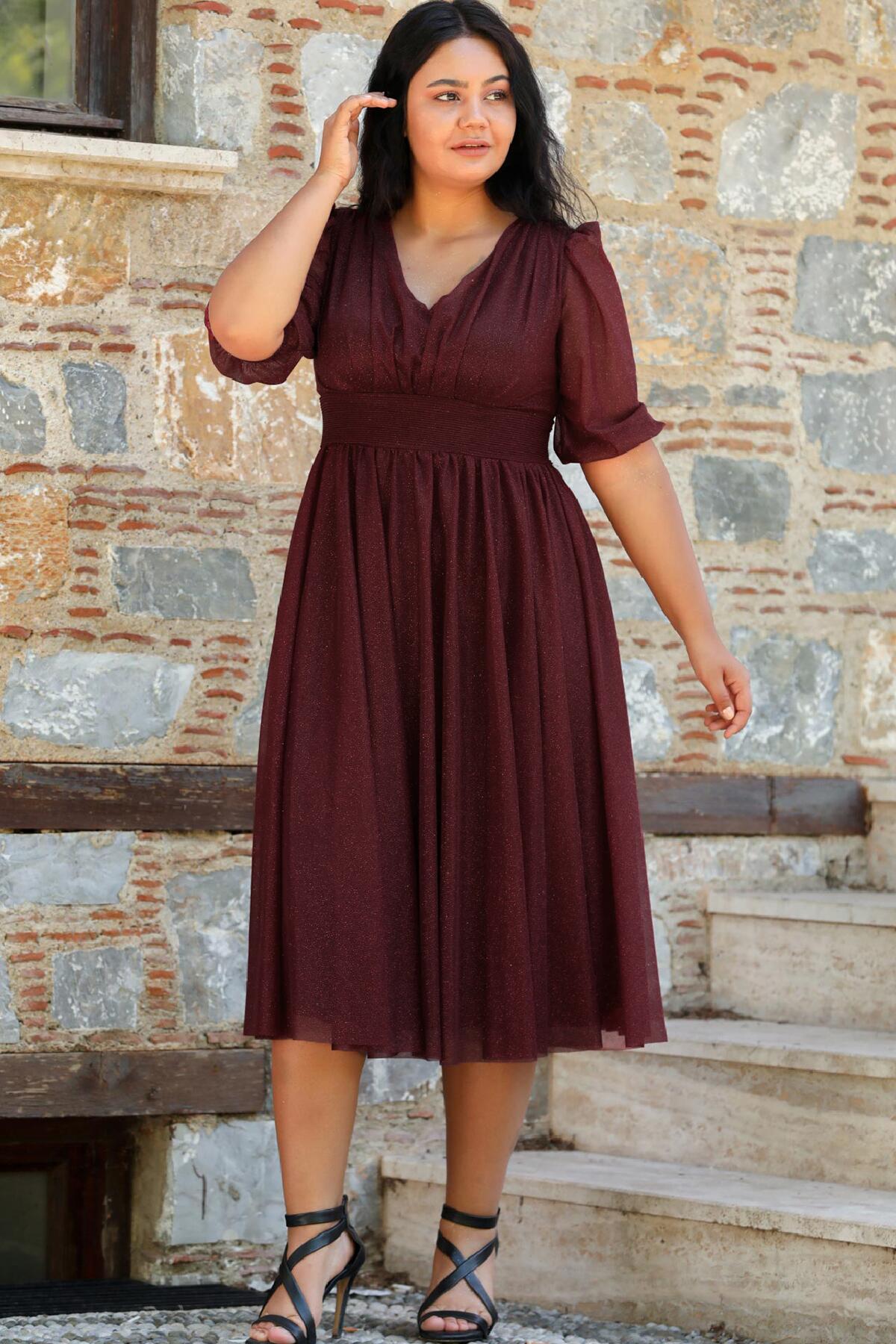 Plus - Size Pleated Waist Evening Dress, Burgundy
