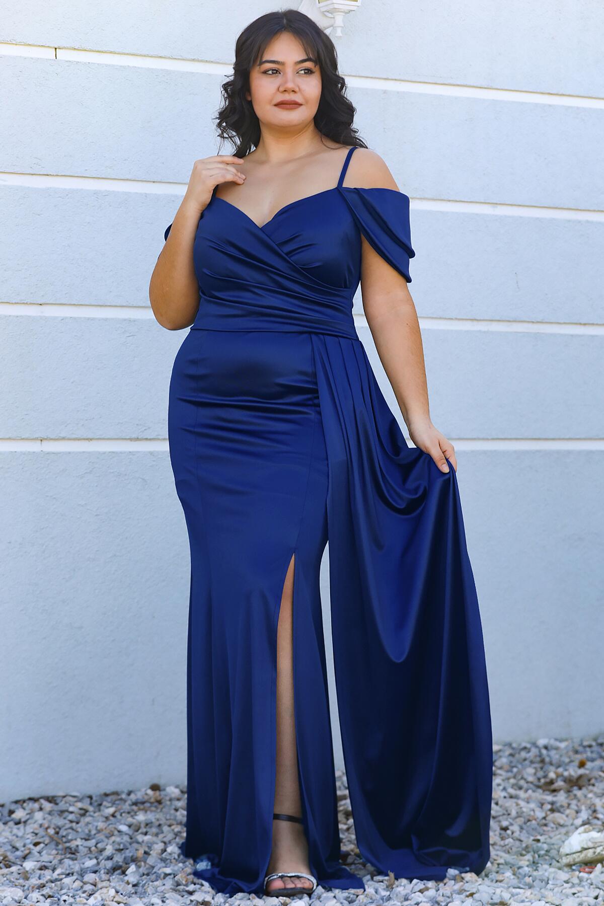 Plus ‑ Size Satin Strappy Evening Dress — Royal Blue