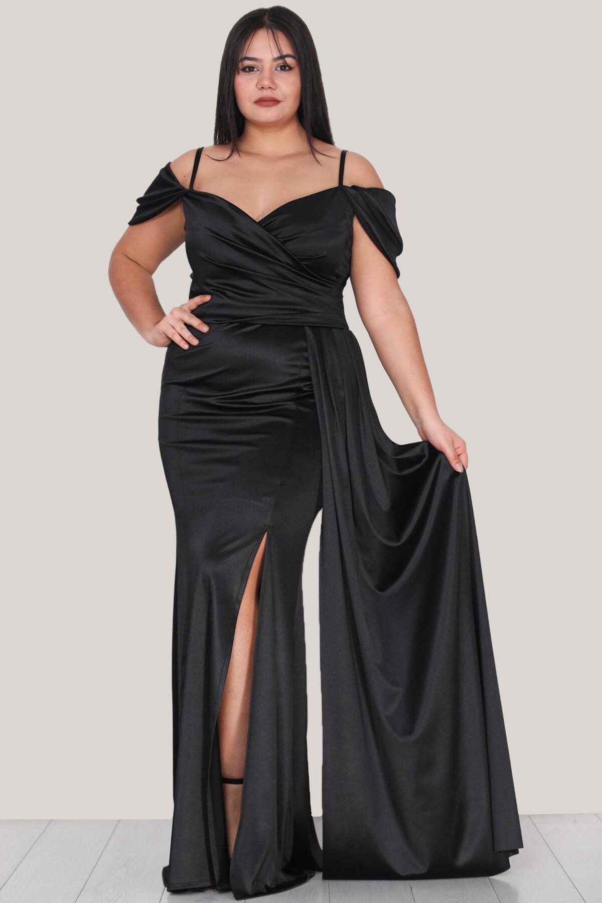 Große Größen Satin-Trägerkleid — Schwarz