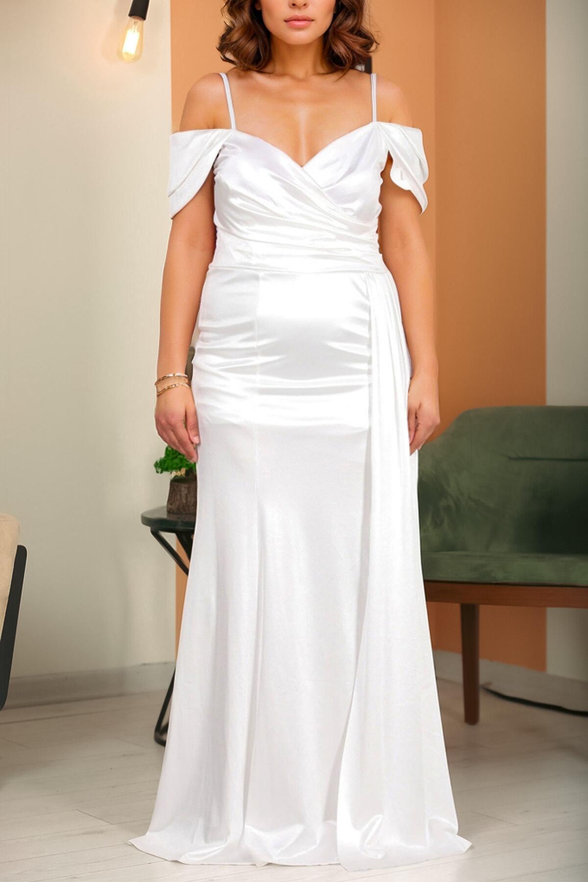 Plus ‑ Size Satin Strappy Evening Dress — Off‑White