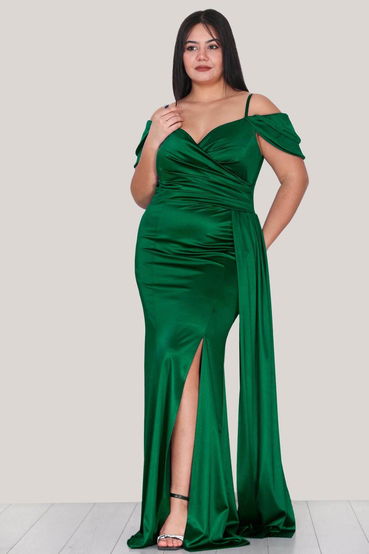Plus - Size Strappy Satin Evening Dress — Green