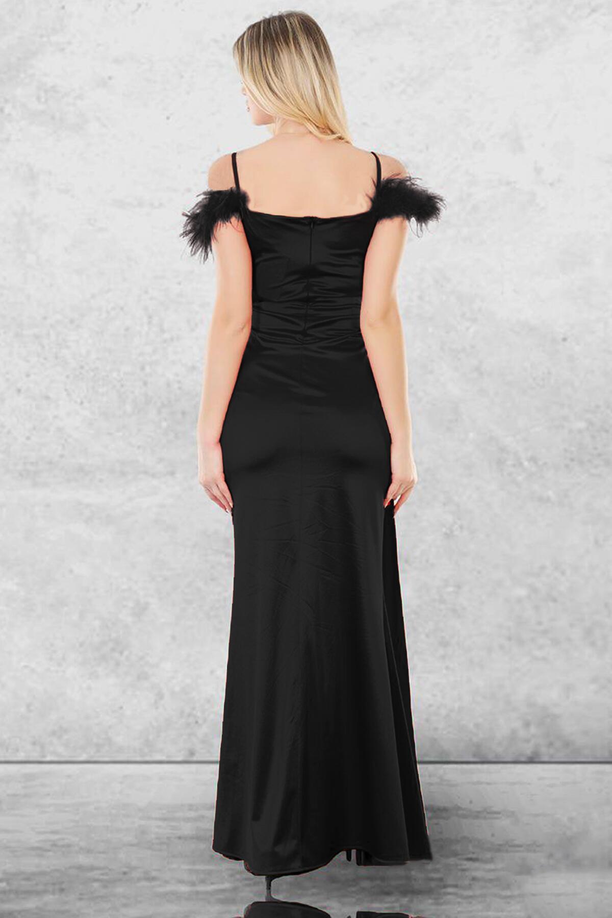 Long Satin Evening Dress With Tulle Neckline — Black
