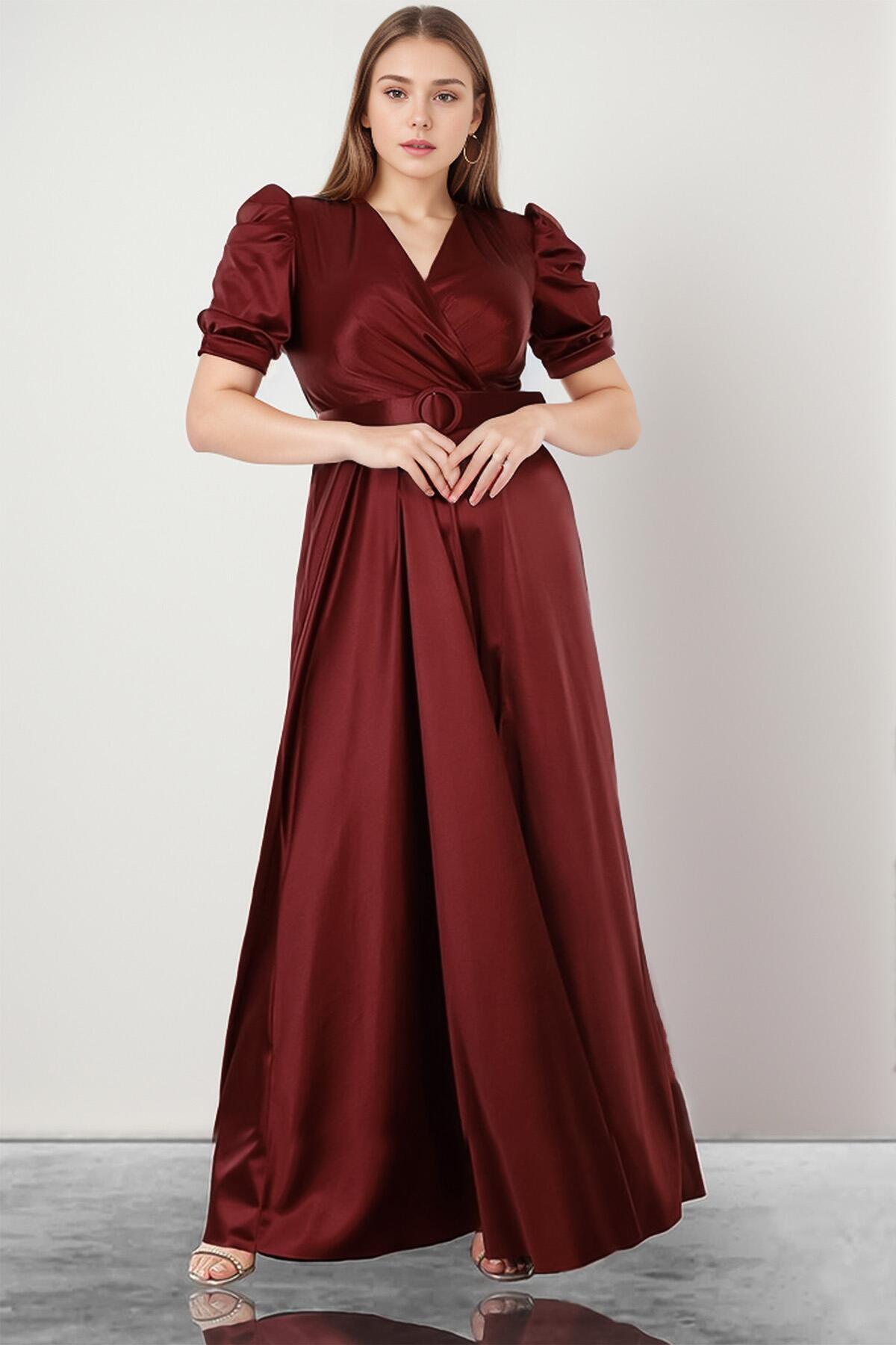Plus - Size Satin Evening Gown — Burgundy