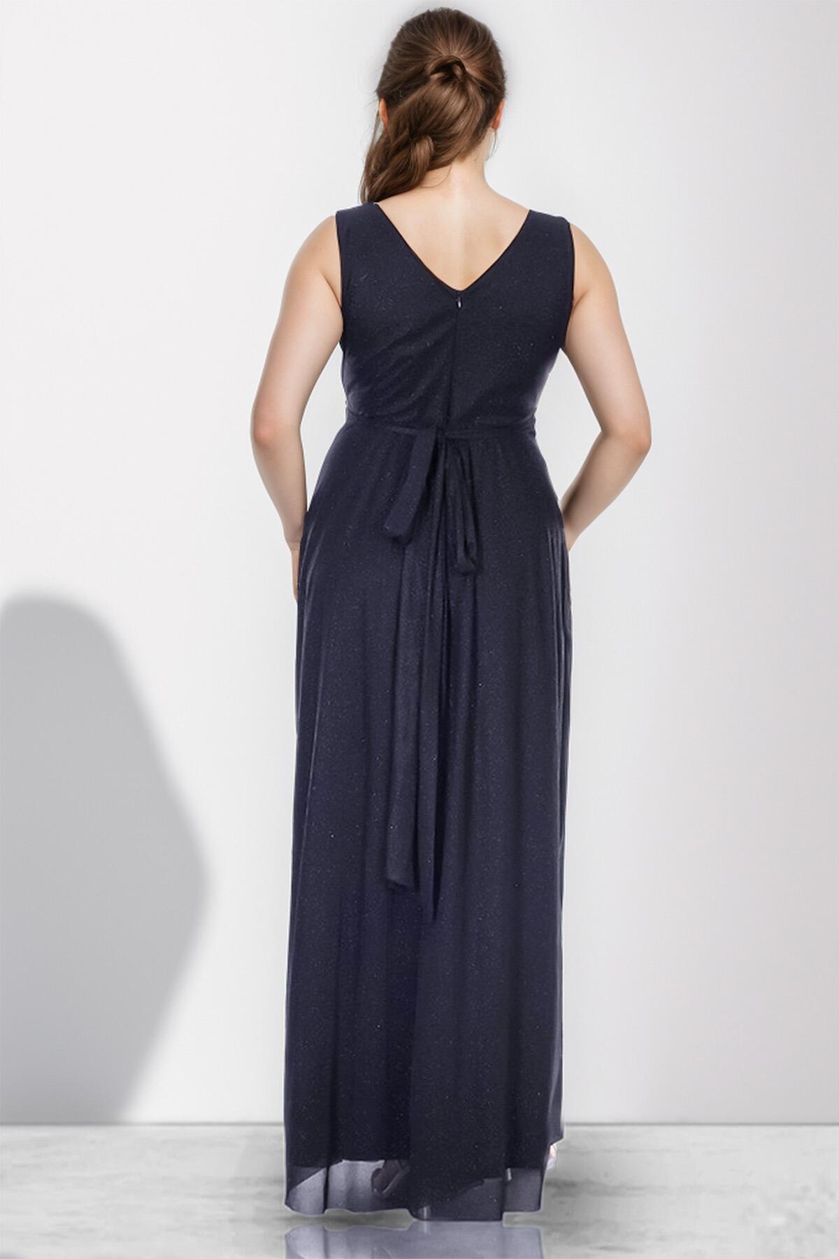 Plus‑Size Sparkle Long Evening Dress — Navy