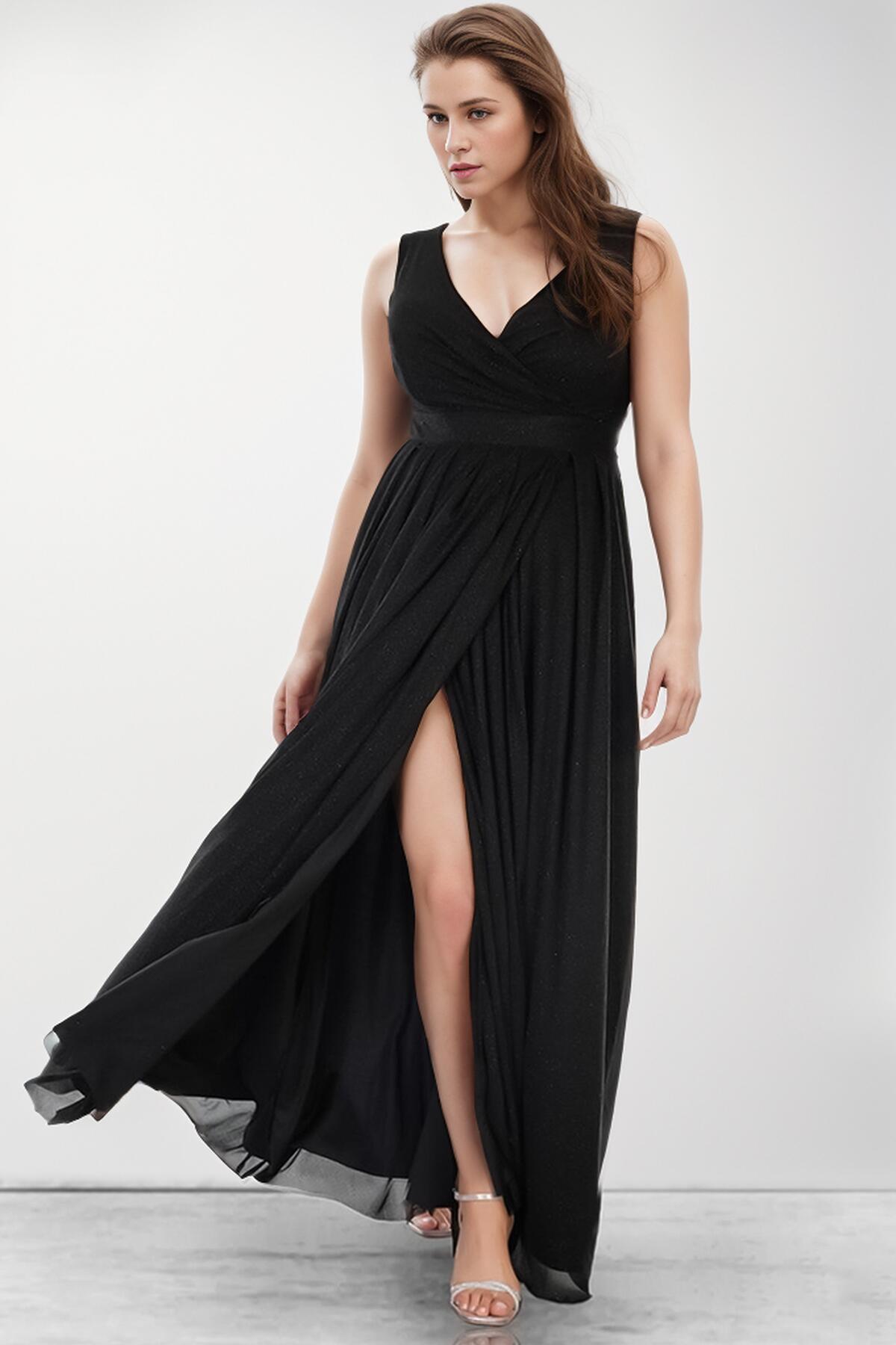 Black Glitter Long Evening Dress – Plus Size