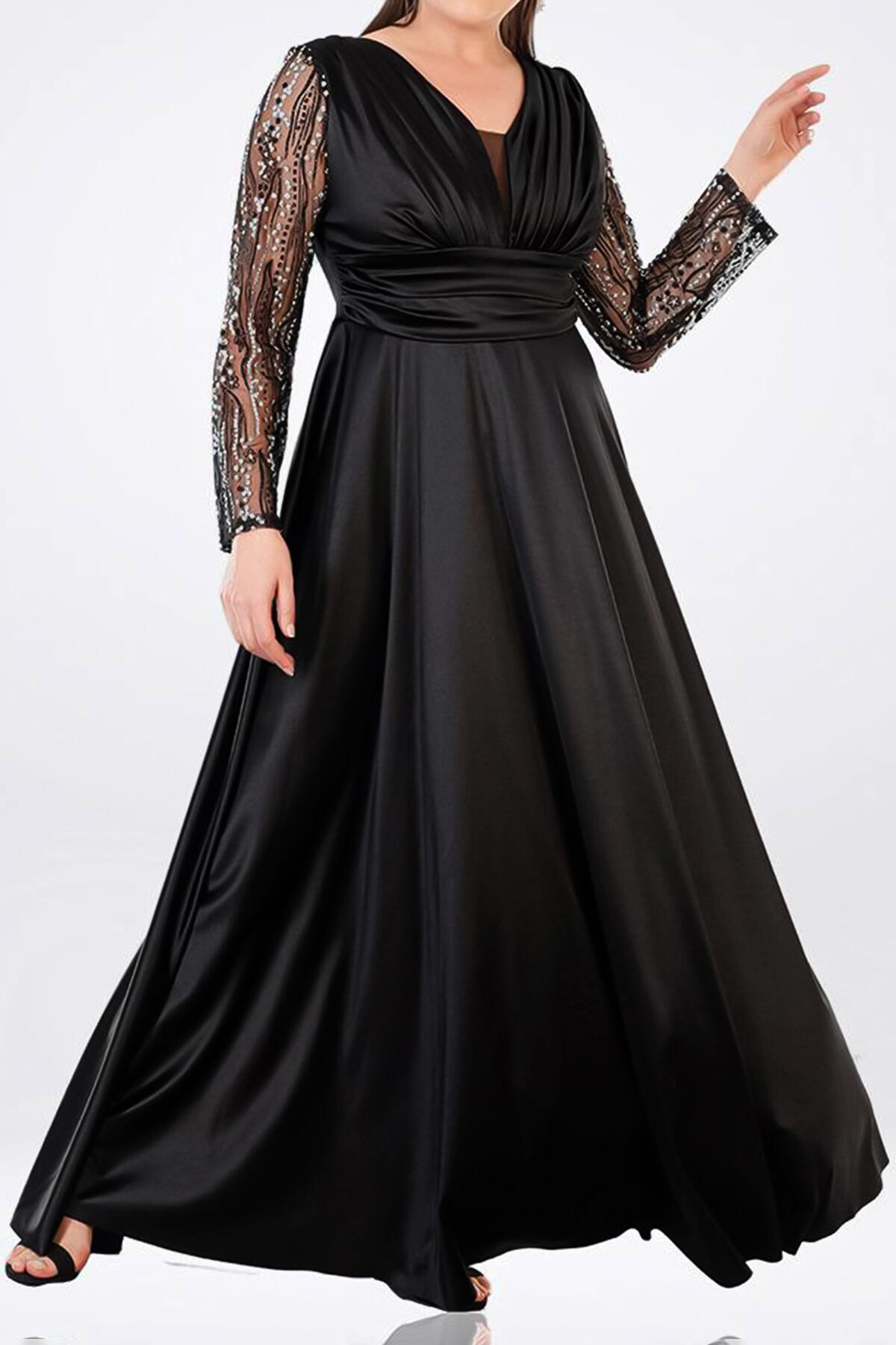 Plus - Size Satin Long Evening Dress — Black