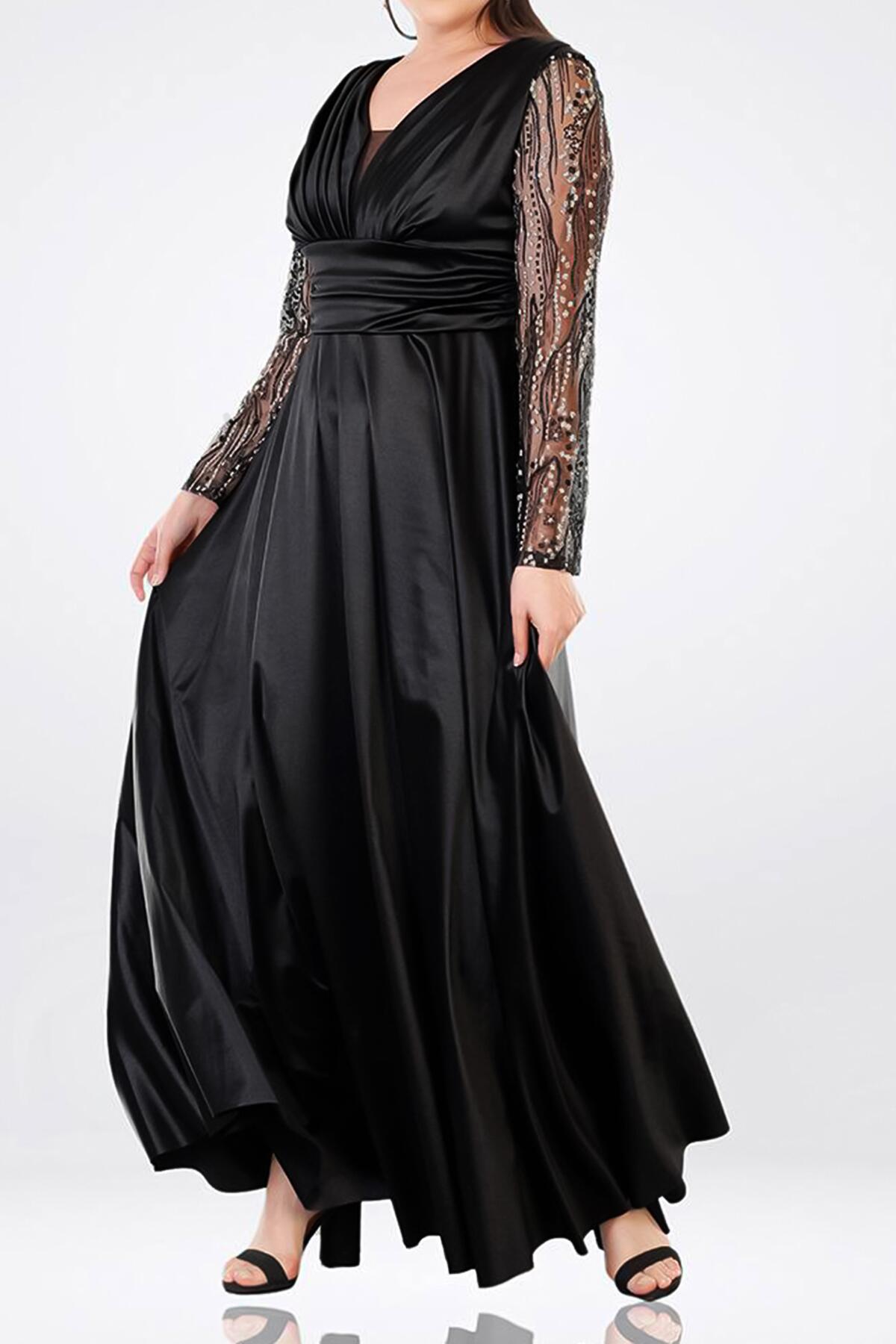 Plus - Size Satin Long Evening Dress — Black