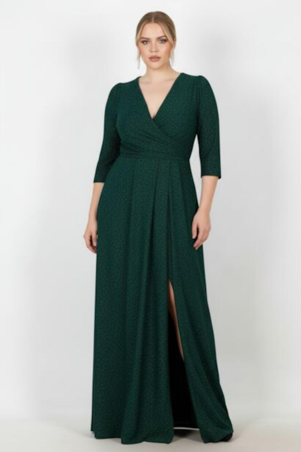 Plus - Size Long Glitter Evening Dress With Elbow Sleeves — Emerald