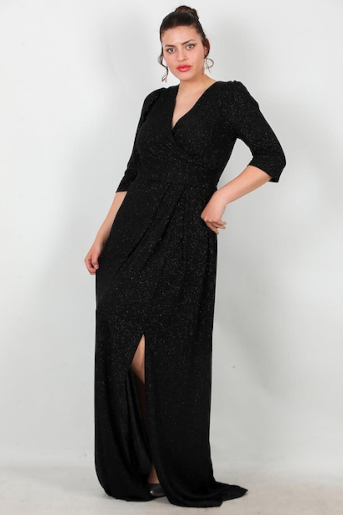 Plus - Size Long Glitter Evening Dress With Elbow - Length Sleeves — Black