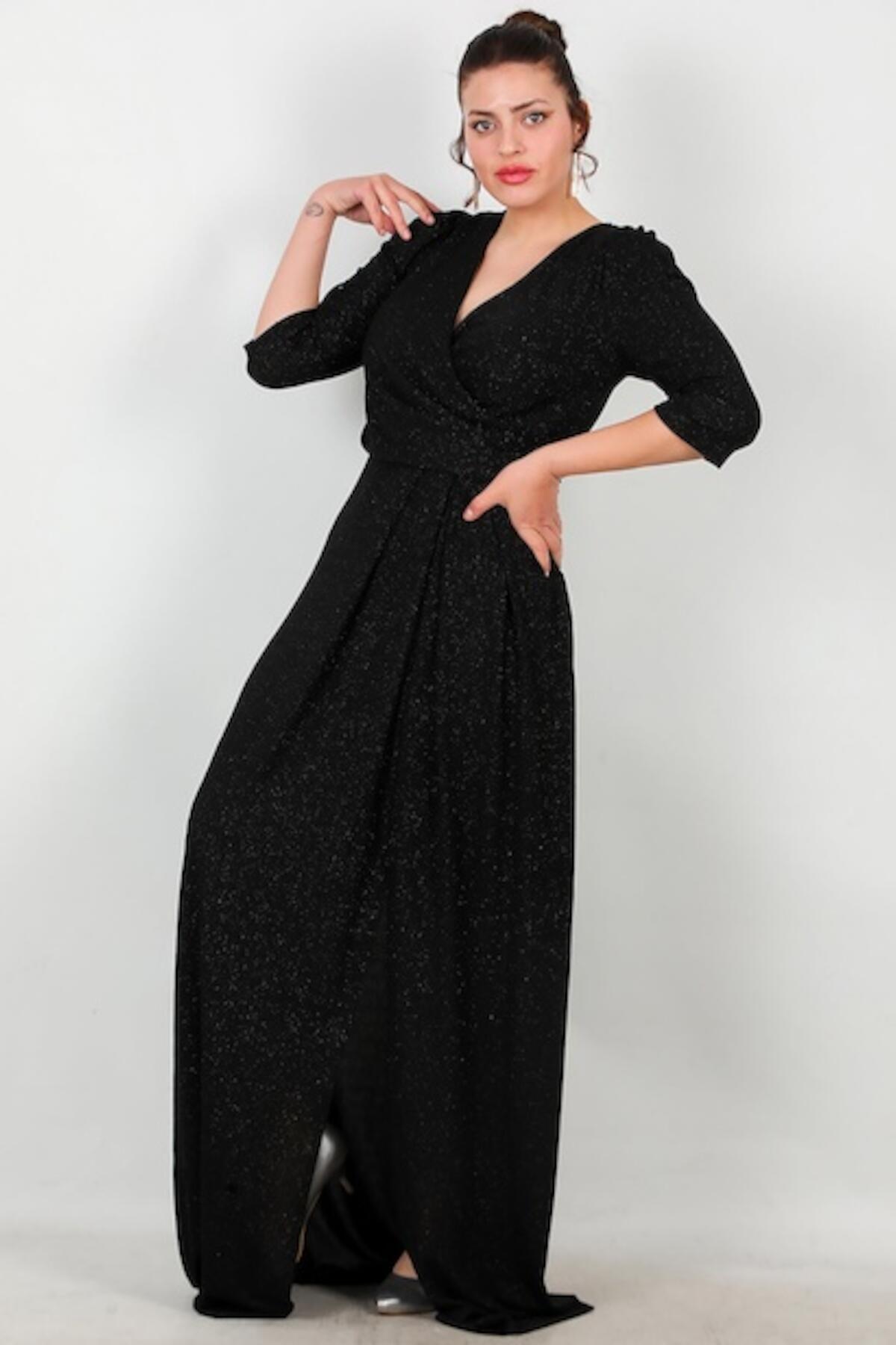 Plus - Size Long Glitter Evening Dress With Elbow - Length Sleeves — Black