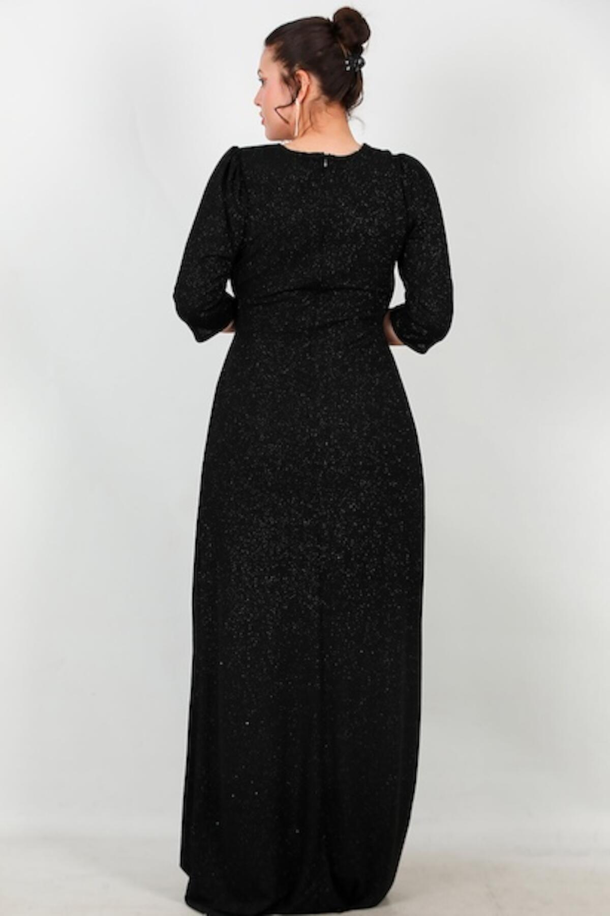 Plus - Size Long Glitter Evening Dress With Elbow - Length Sleeves — Black