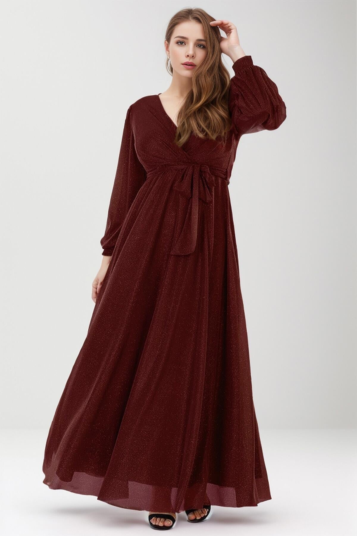 Plus - Size Long Shimmer Evening Dress – Burgundy