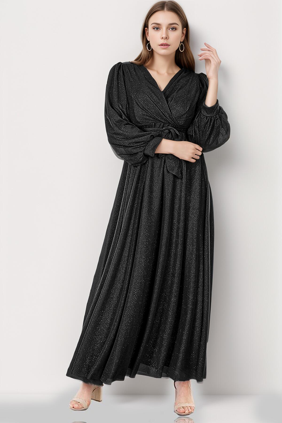 Plus - Size Long Glitter Evening Dress, Black