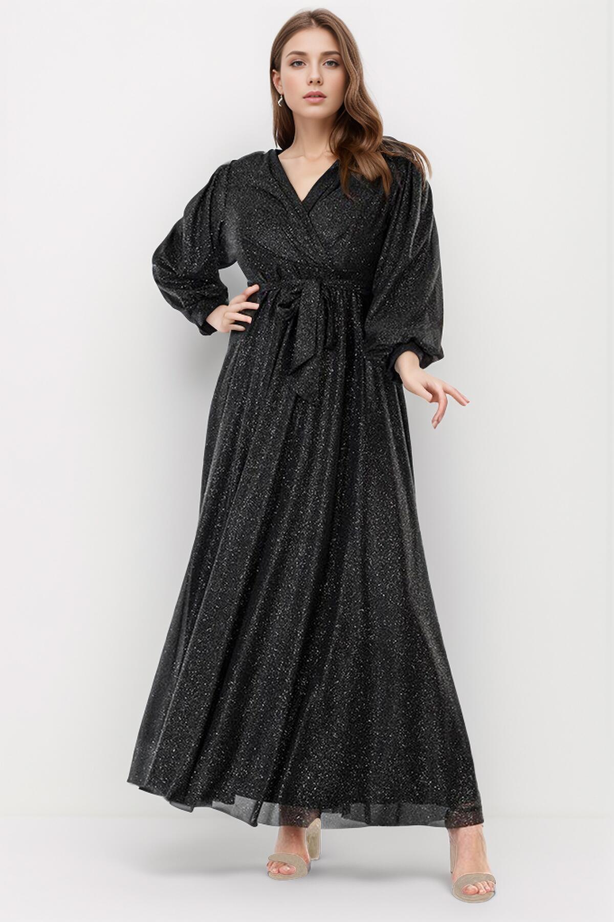 Plus - Size Long Glitter Evening Dress, Black