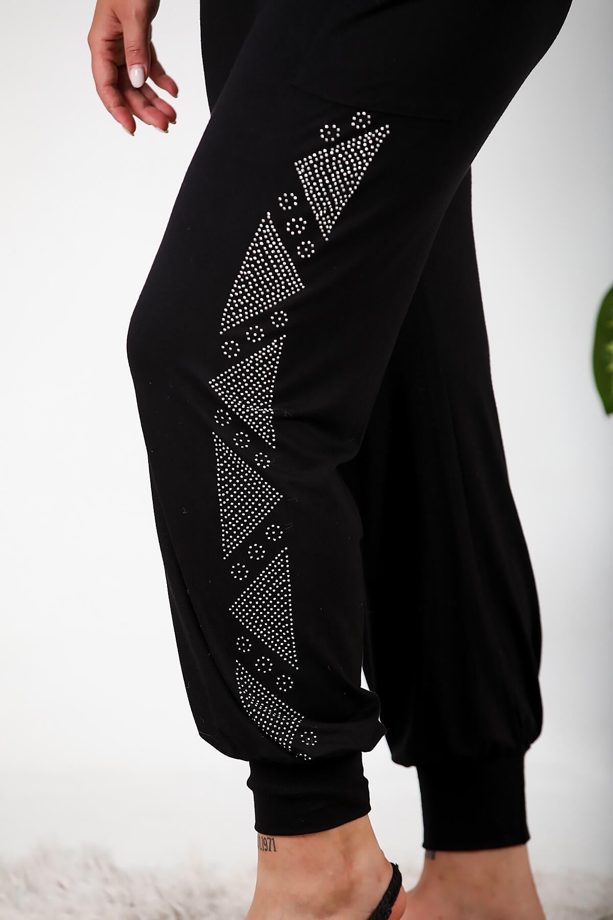 Plus - Size Şalvar With Side Stones — Black