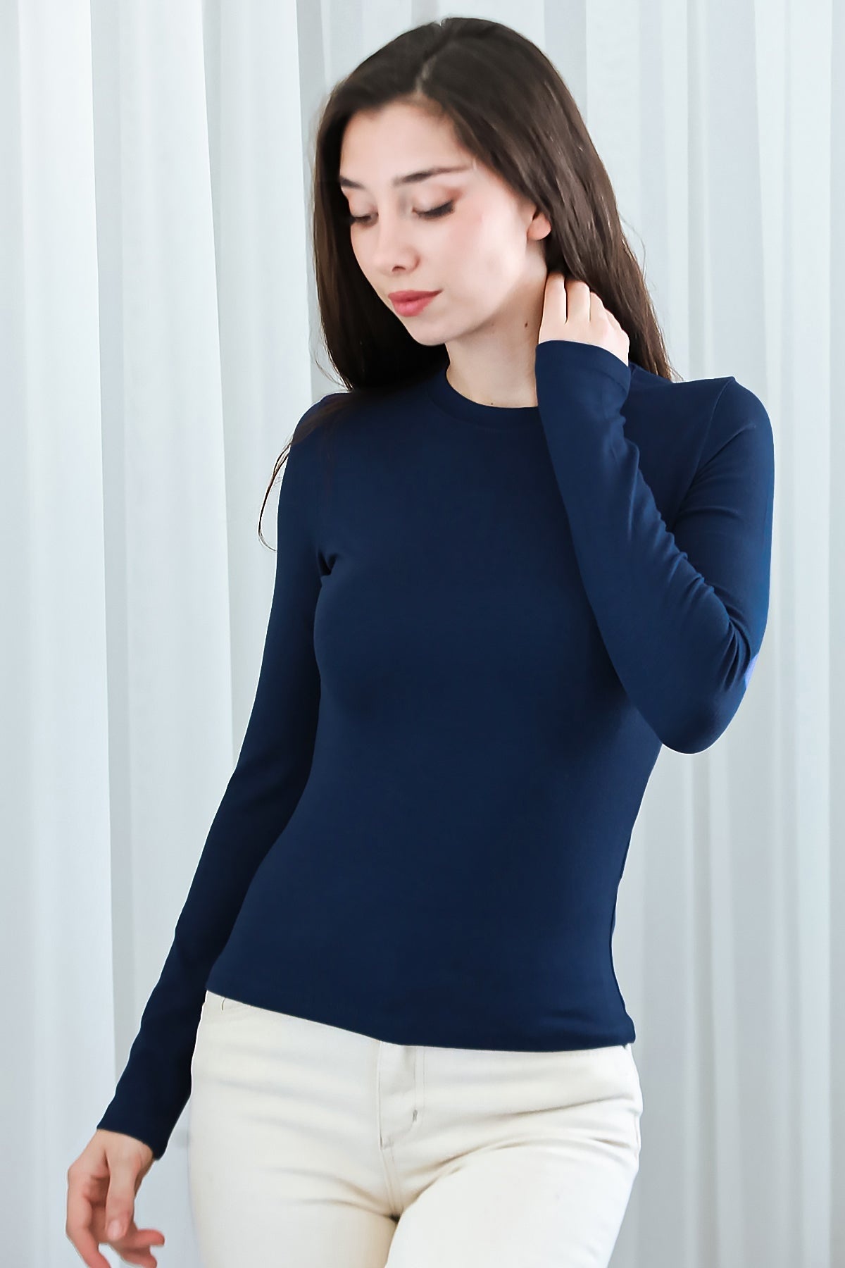 Marineblaue Rundhalsbluse