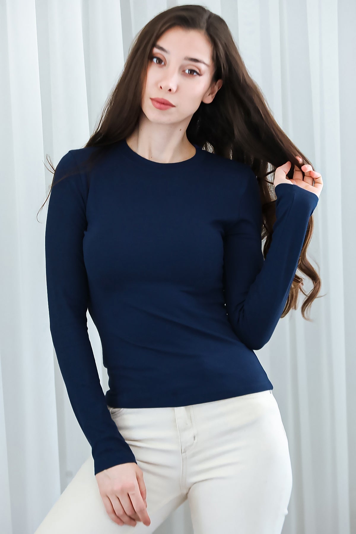 Marineblaue Rundhalsbluse