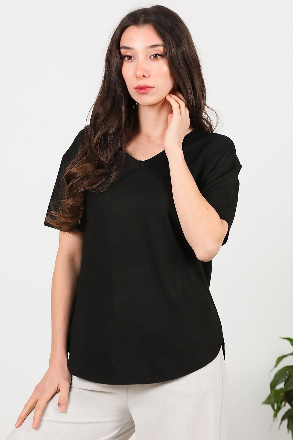 V - Neck T - Shirt With Oval Hem — Black