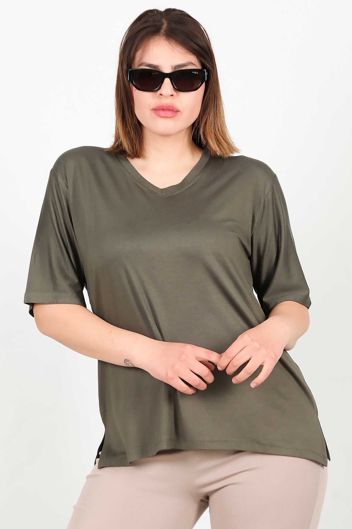 Plus - Size Short - Sleeve Blouse In Khaki