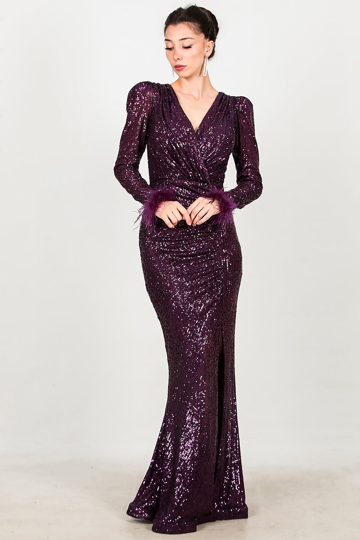 Sequin Evening Dress With Feathered Cuffs — Purple