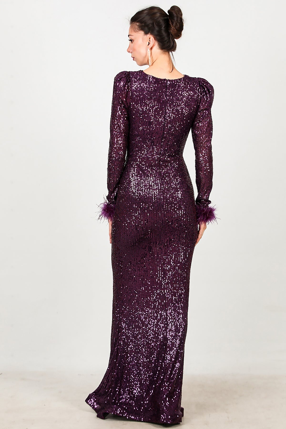 Sequin Evening Dress With Feathered Cuffs — Purple