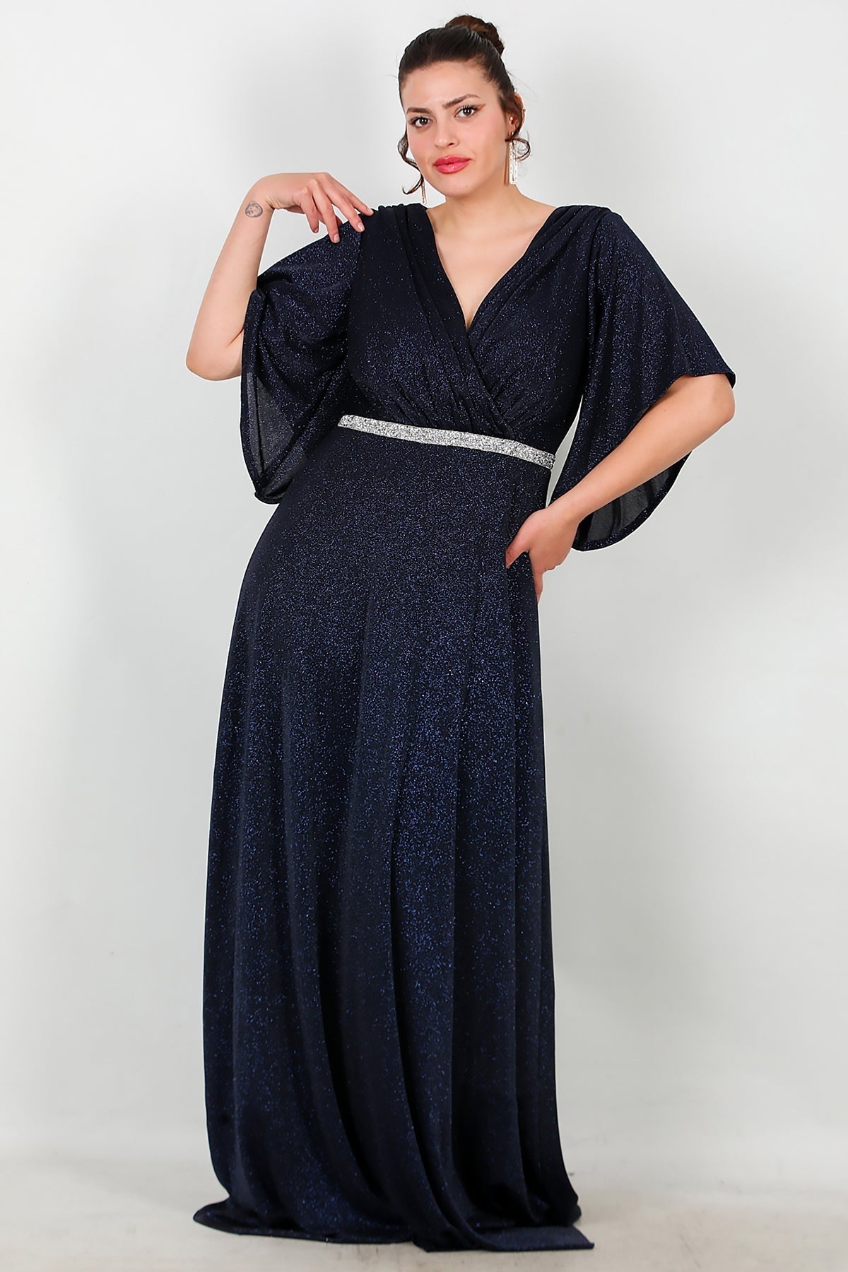 Plus - Size Long Evening Dress With Stone - Trim Waist — Navy