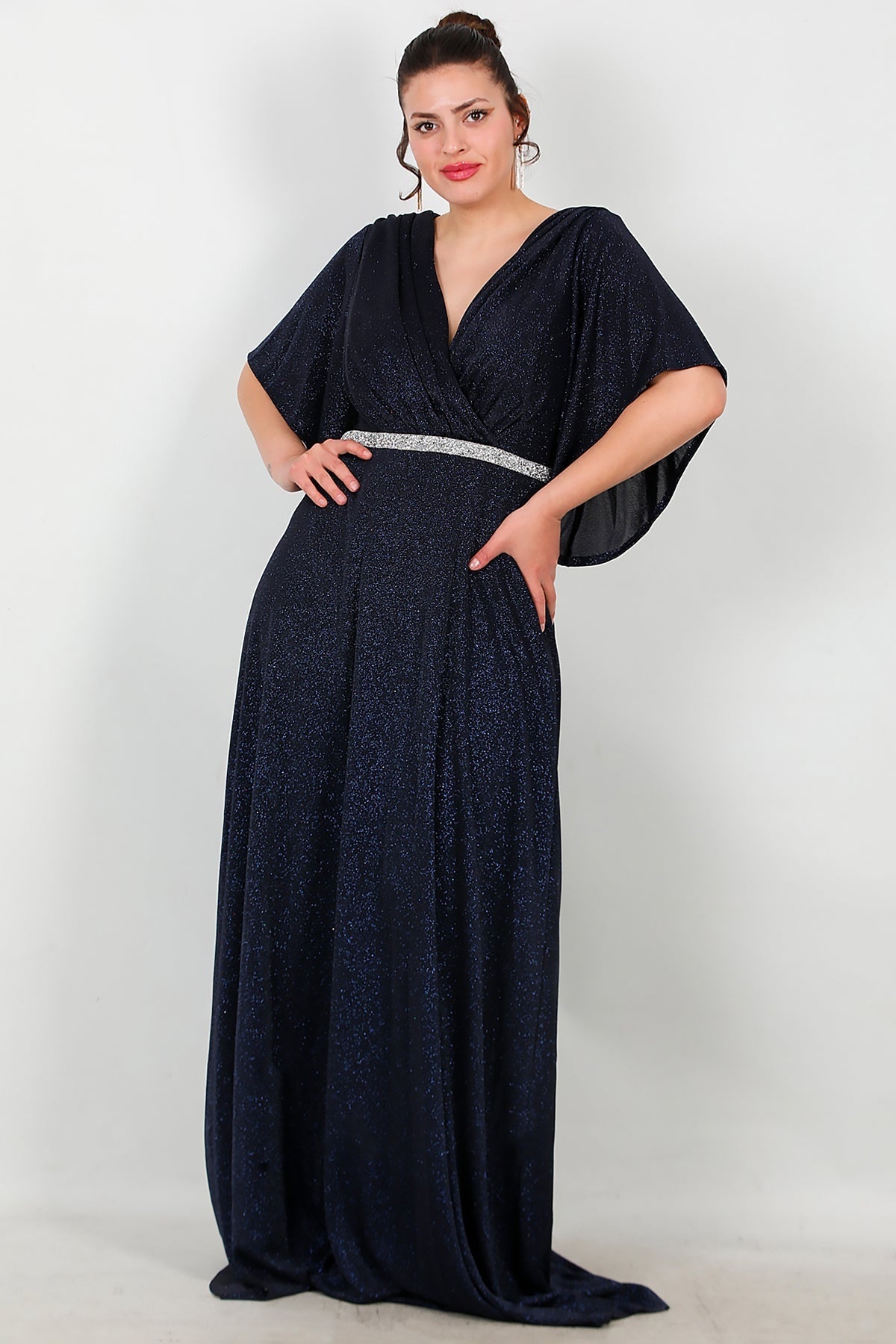 Plus - Size Long Evening Dress With Stone - Trim Waist — Navy